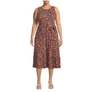 Terra & Sky Sleeveless Floral Midi Dress With Pockets and Belt Plus Size 1X